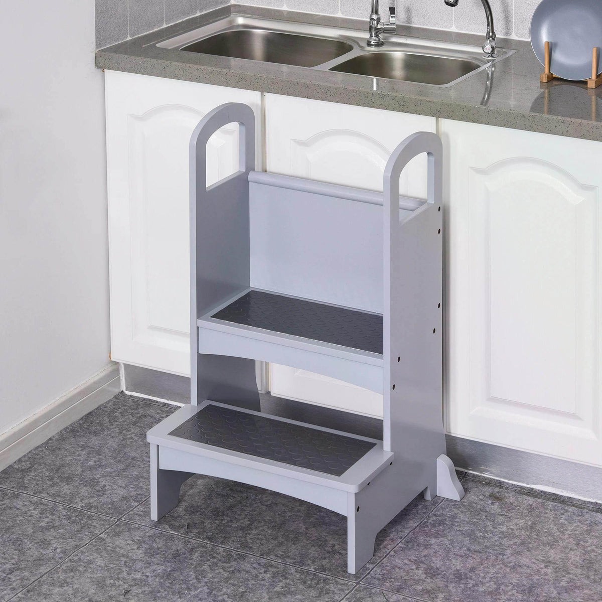 Grey wooden step stool with safety handles and two non-slip steps