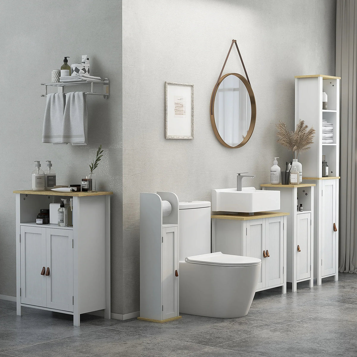 White under sink bathroom cabinet with two doors, open shelves, and wood-look top