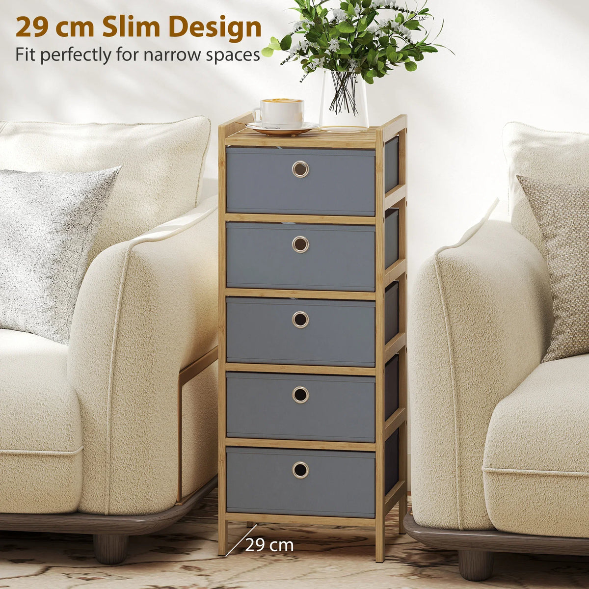 Slim narrow dresser with five light-grey fabric drawers and bamboo frame, in-room view