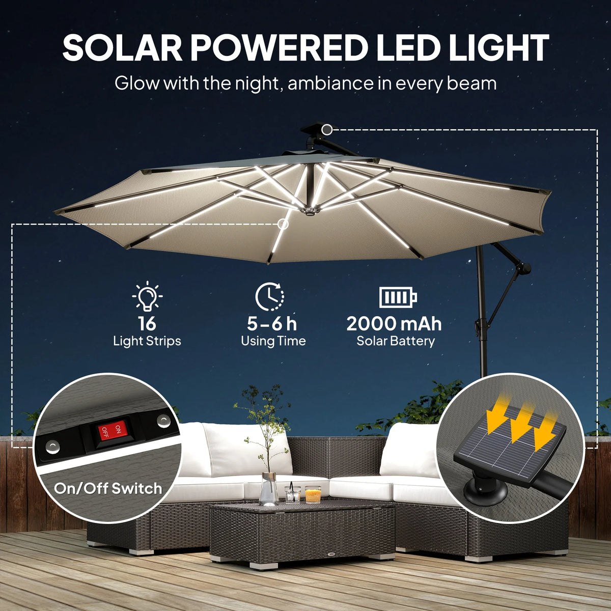 Solar-powered LED cantilever parasol with illuminated light strips along the canopy ribs
