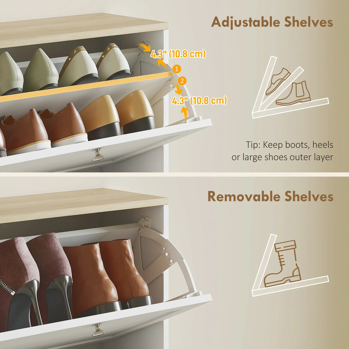 White cabinet interior with adjustable flip shelves and multiple shoe slots