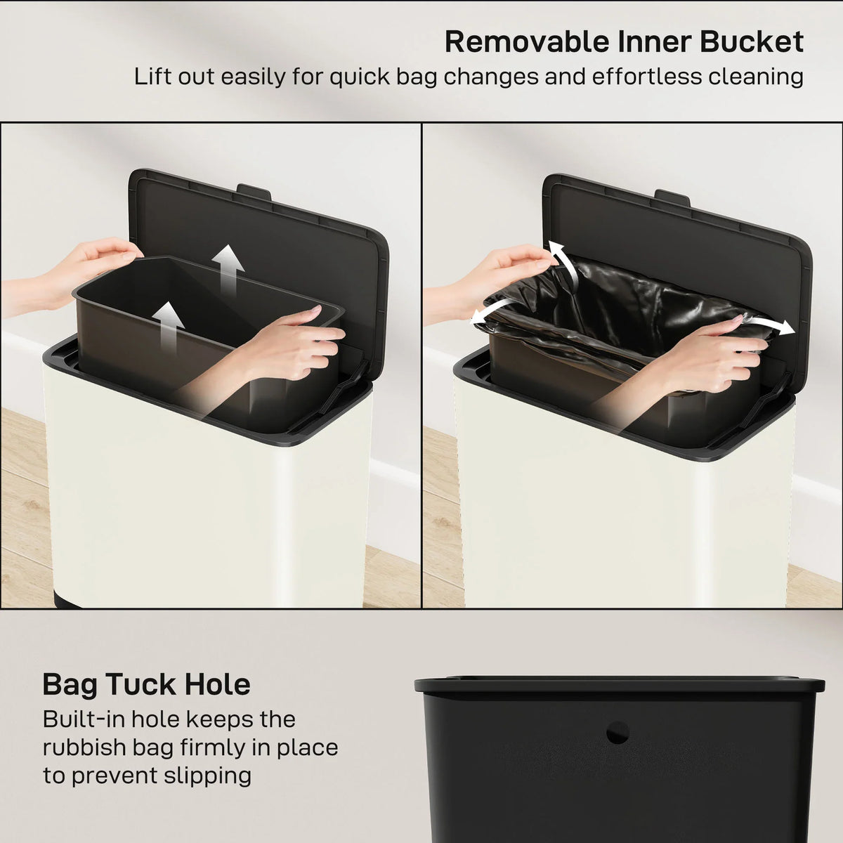 Trash bin with removable inner bucket and hinged black lid, white exterior