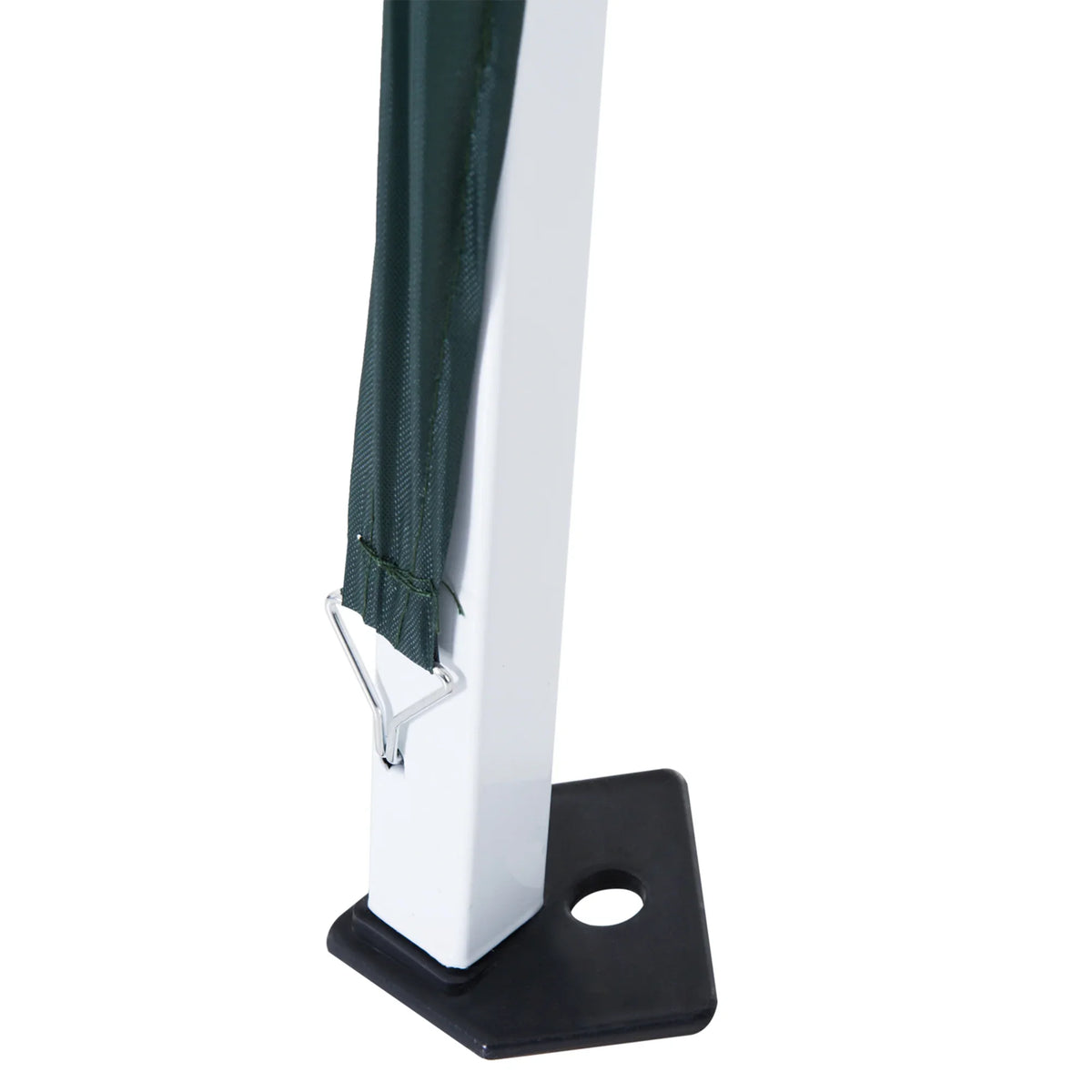 Green gazebo support leg with ground base plate and foot for stability