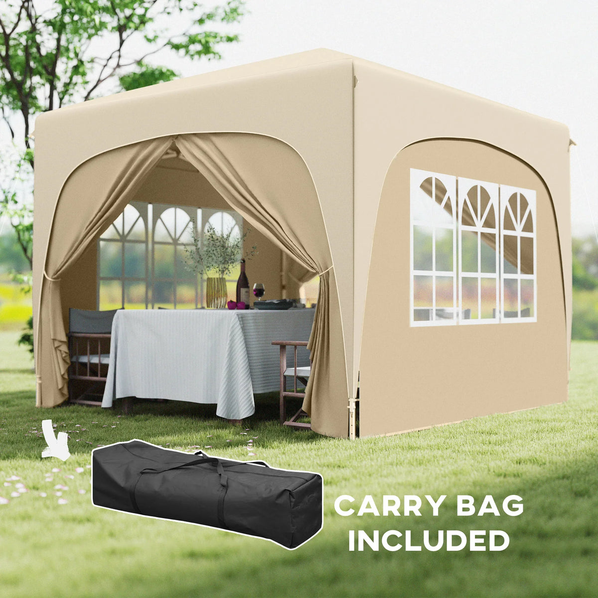 Sand pop-up gazebo shelter with open entrance and included carry bag on grass