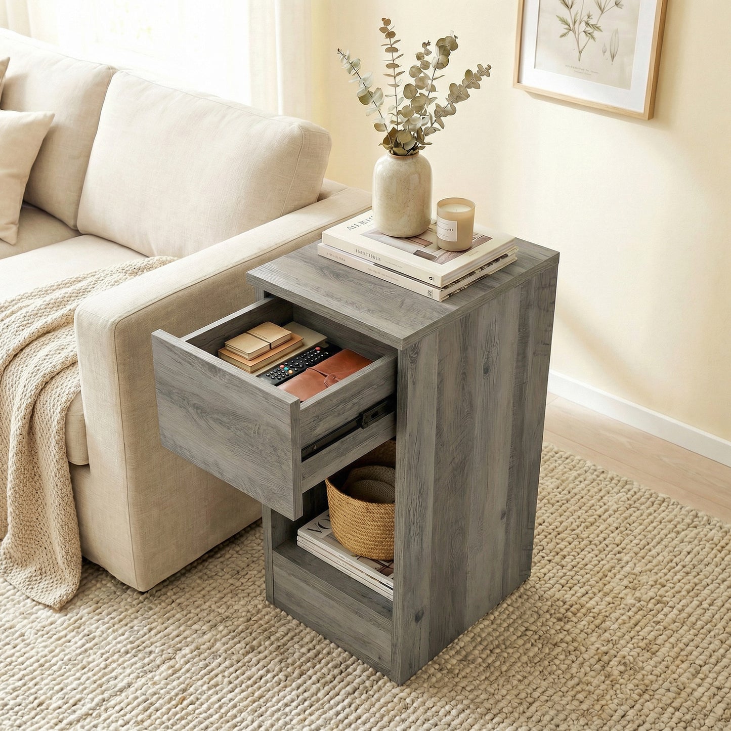 HOMCOM Set of Two Modern Storage Bedside Tables Grey With Wood Effect Tops Slim Design And Versatile Nightstands
