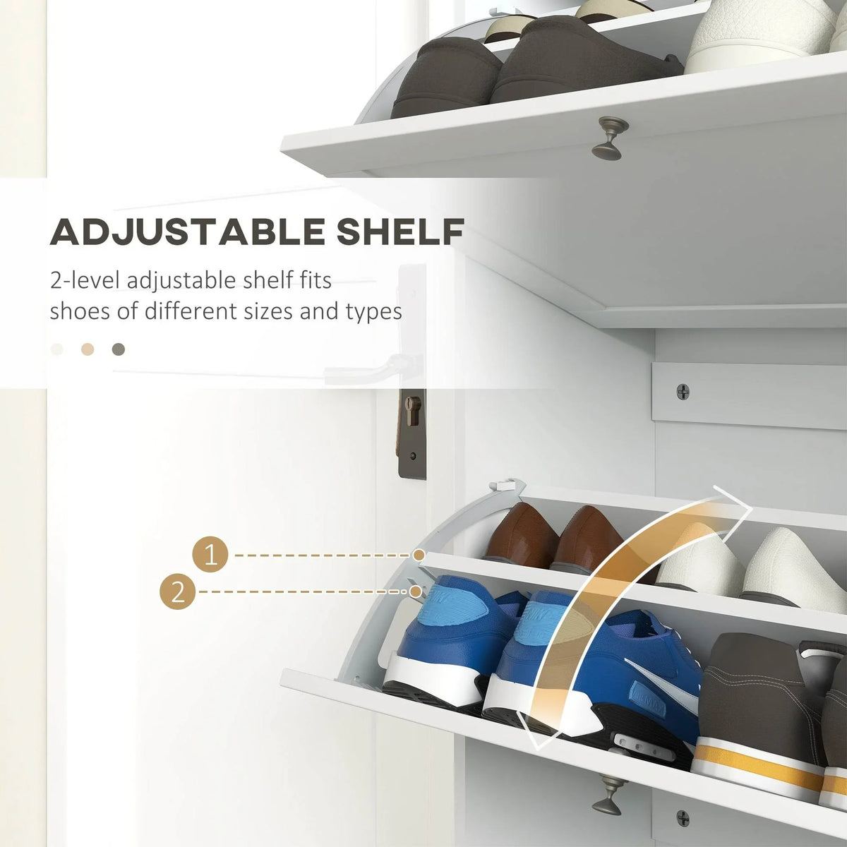 White shoe cabinet interior close-up with adjustable shelf in a flip drawer
