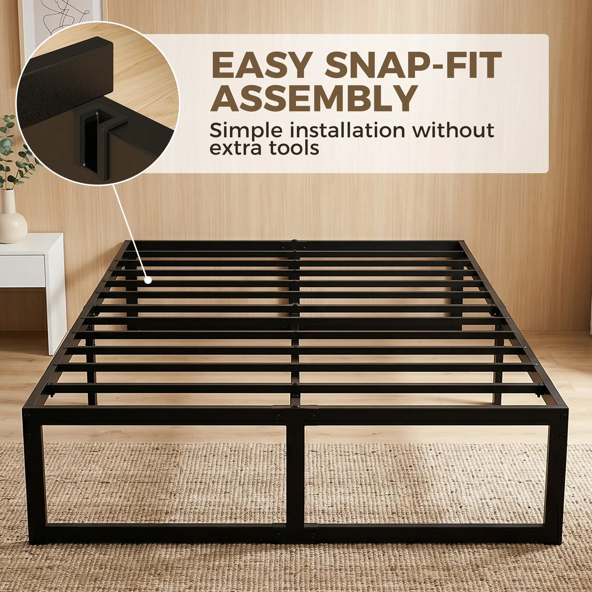 Black metal bed frame showing steel slat base and open side storage space
