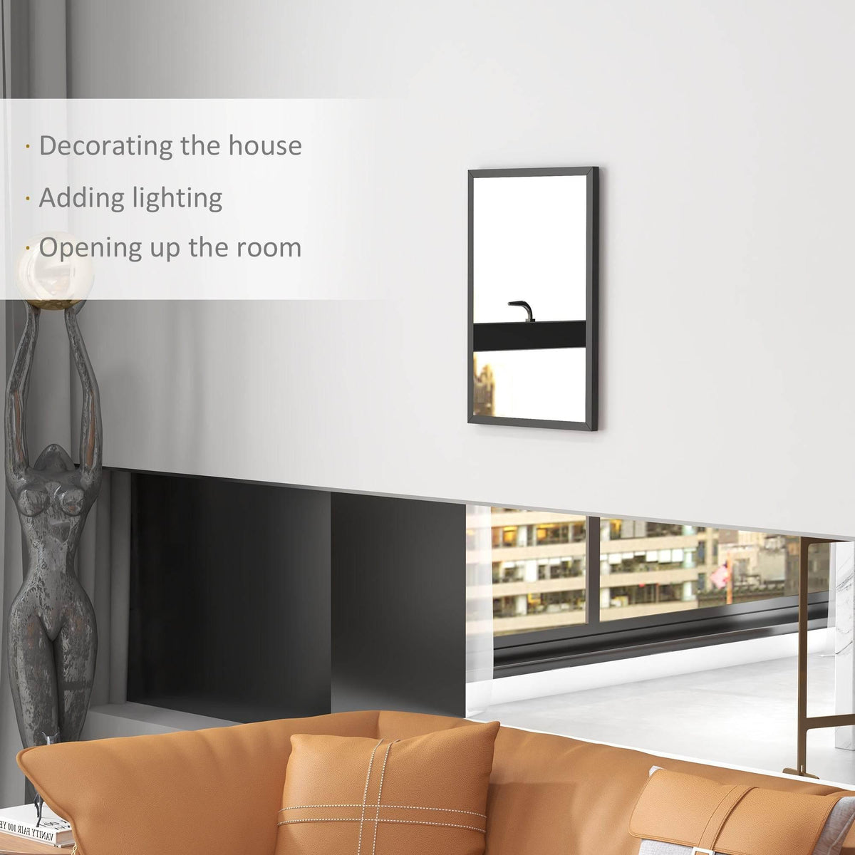 Rectangular black wall mirror with slim frame, mounted on a wall
