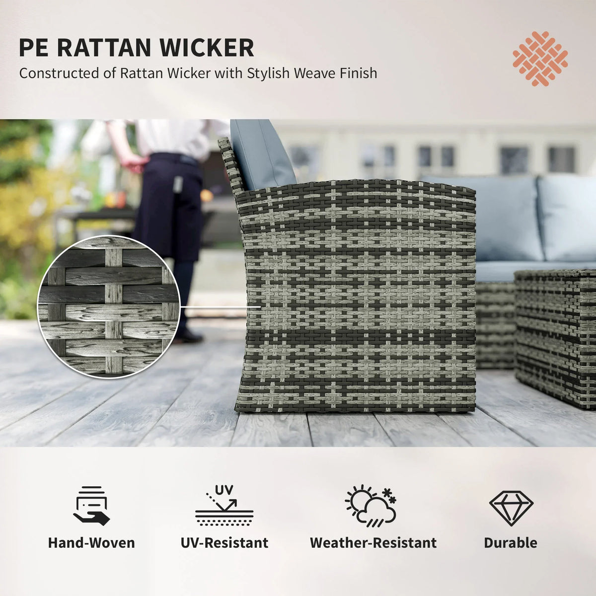 Grey PE rattan woven storage side table with light blue cushion