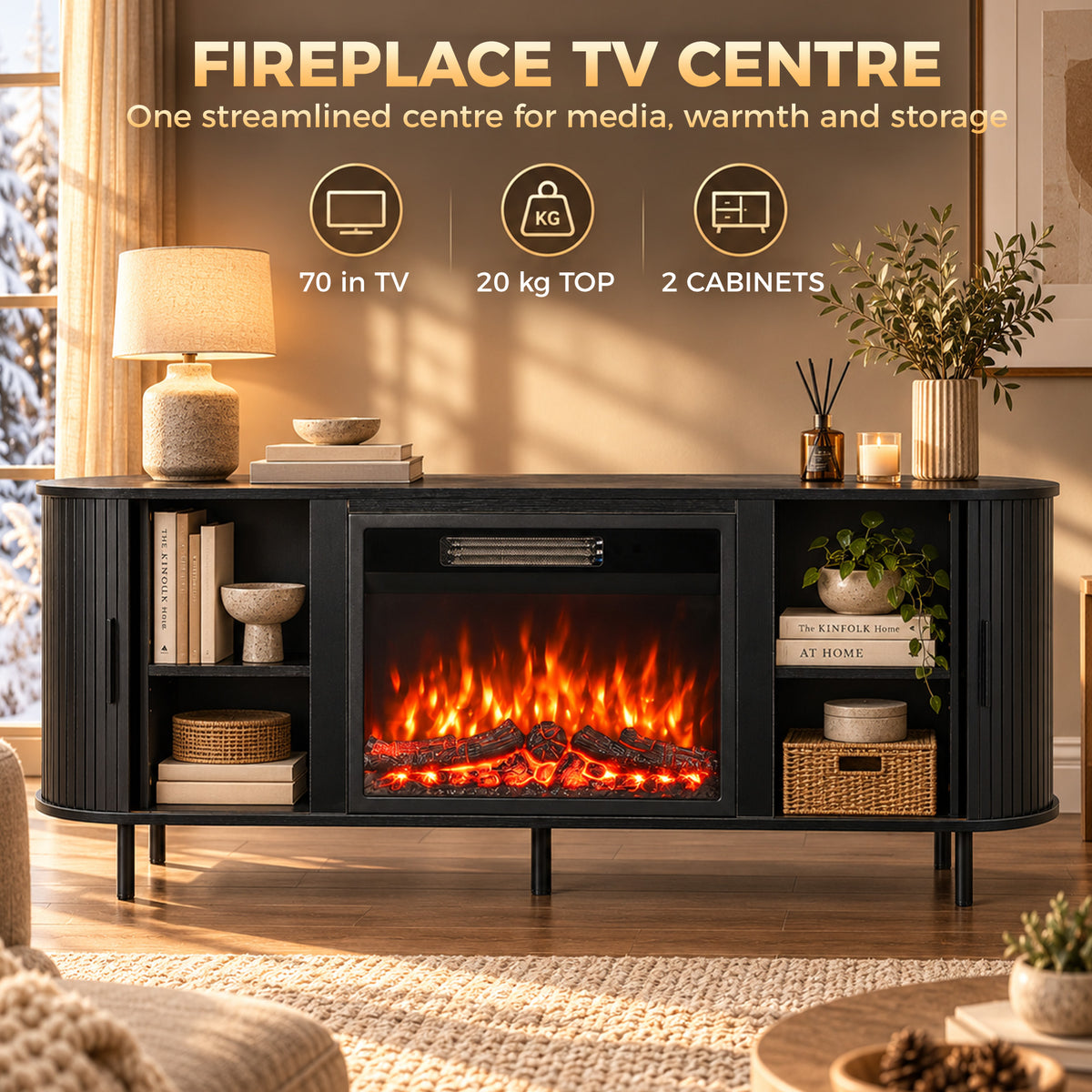 Heated TV console with central fireplace, side cabinets, and media storage for 70 in TVs