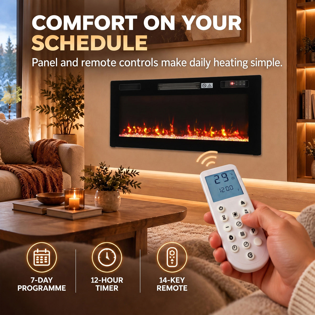 Electric fireplace with flame window, plus remote control for panel settings