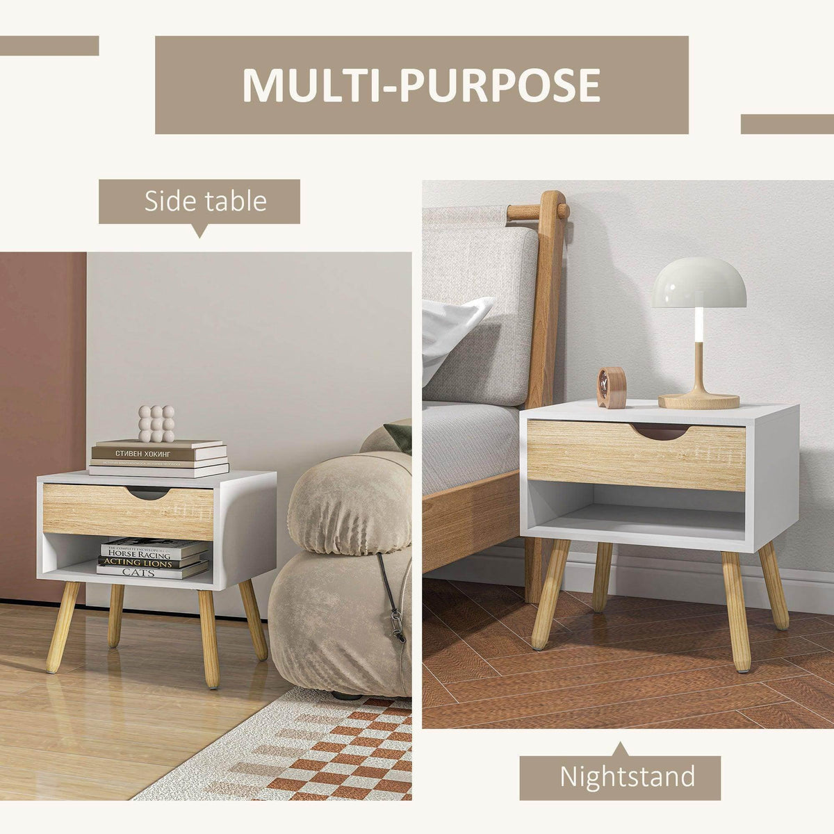 Light wood and white nightstand with drawer front and open shelf beside a bed