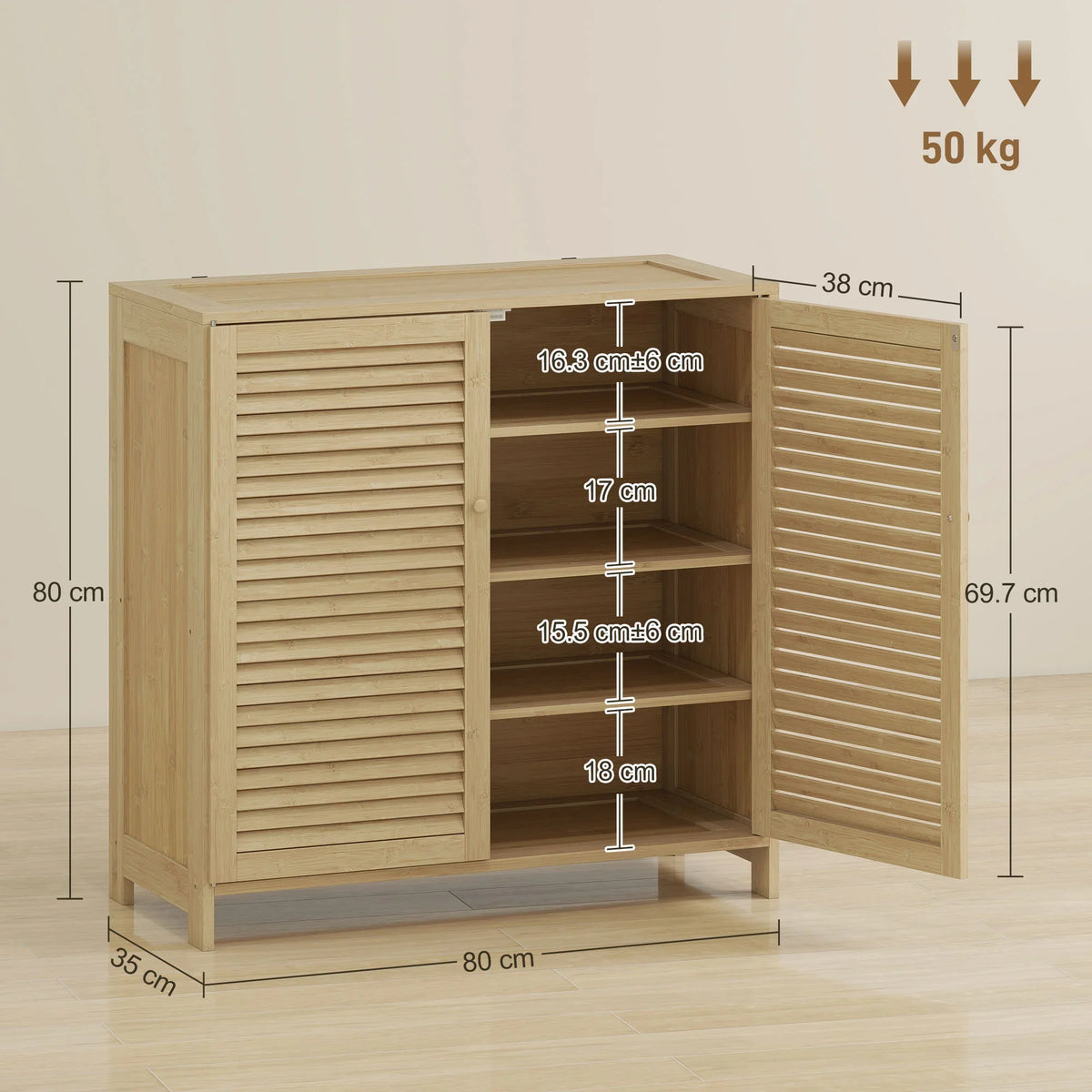 Bamboo shoe cabinet with louvered doors, front view showing interior shelves and dimensions