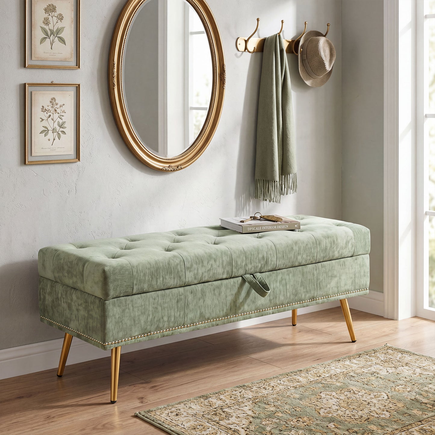 HOMCOM Storage Ottoman Chenille Upholstered Box With Padded Seat And Metal Legs Light Green 114x41x45 cm