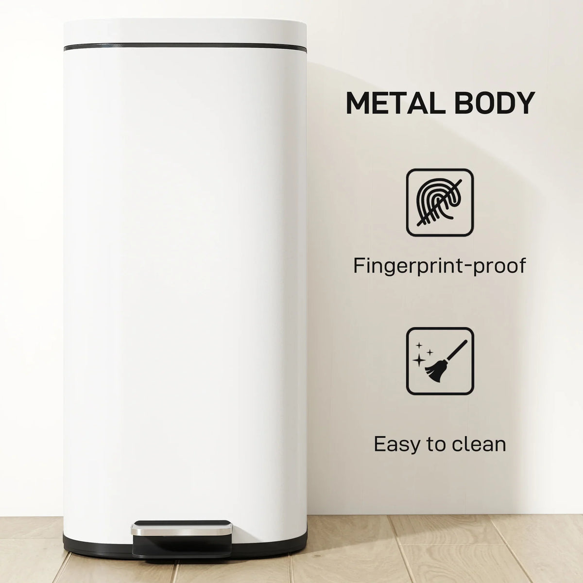 White metal kitchen bin with fingerprint-proof finish and foot pedal