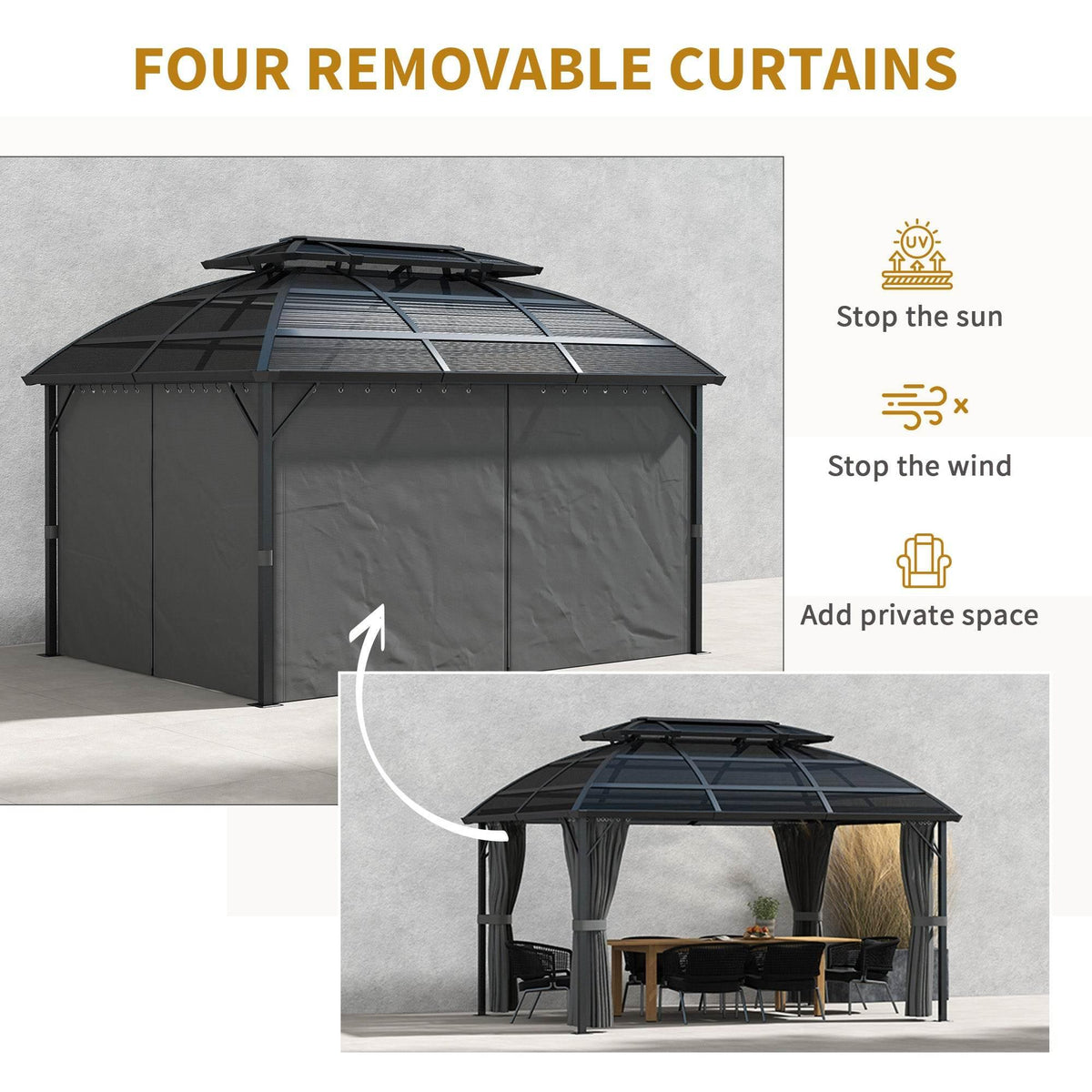 Black hardtop gazebo with four removable curtain panels for privacy and insect protection