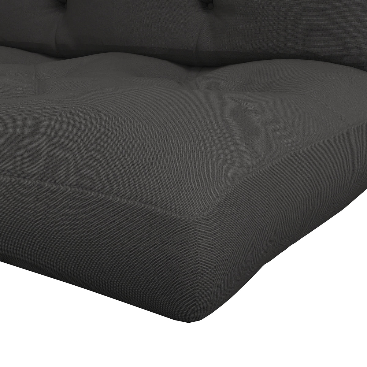 Charcoal grey seat cushion corner with smooth edge and tufted quilting