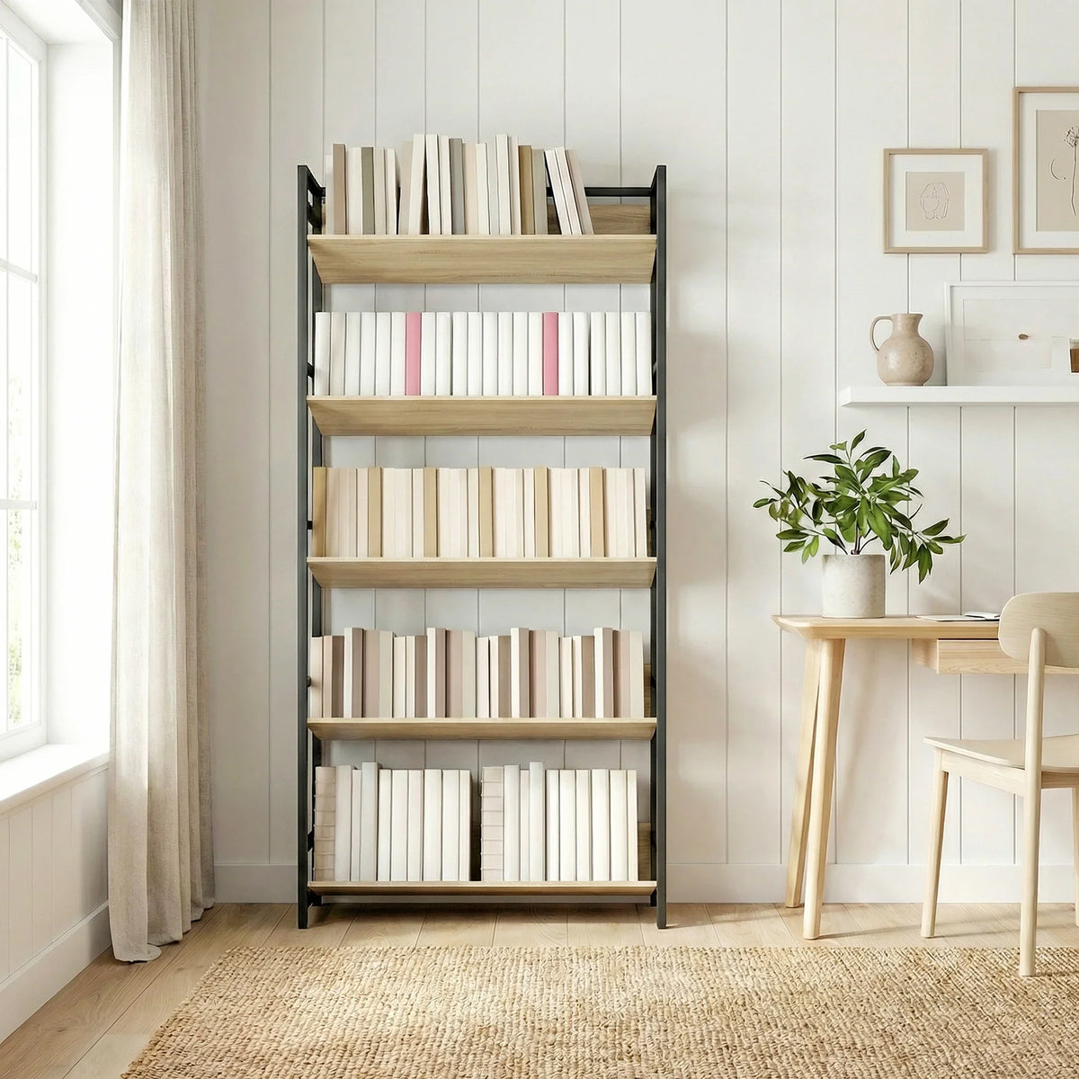 5-tier bookcase with black metal frame and light oak shelves in a bright room