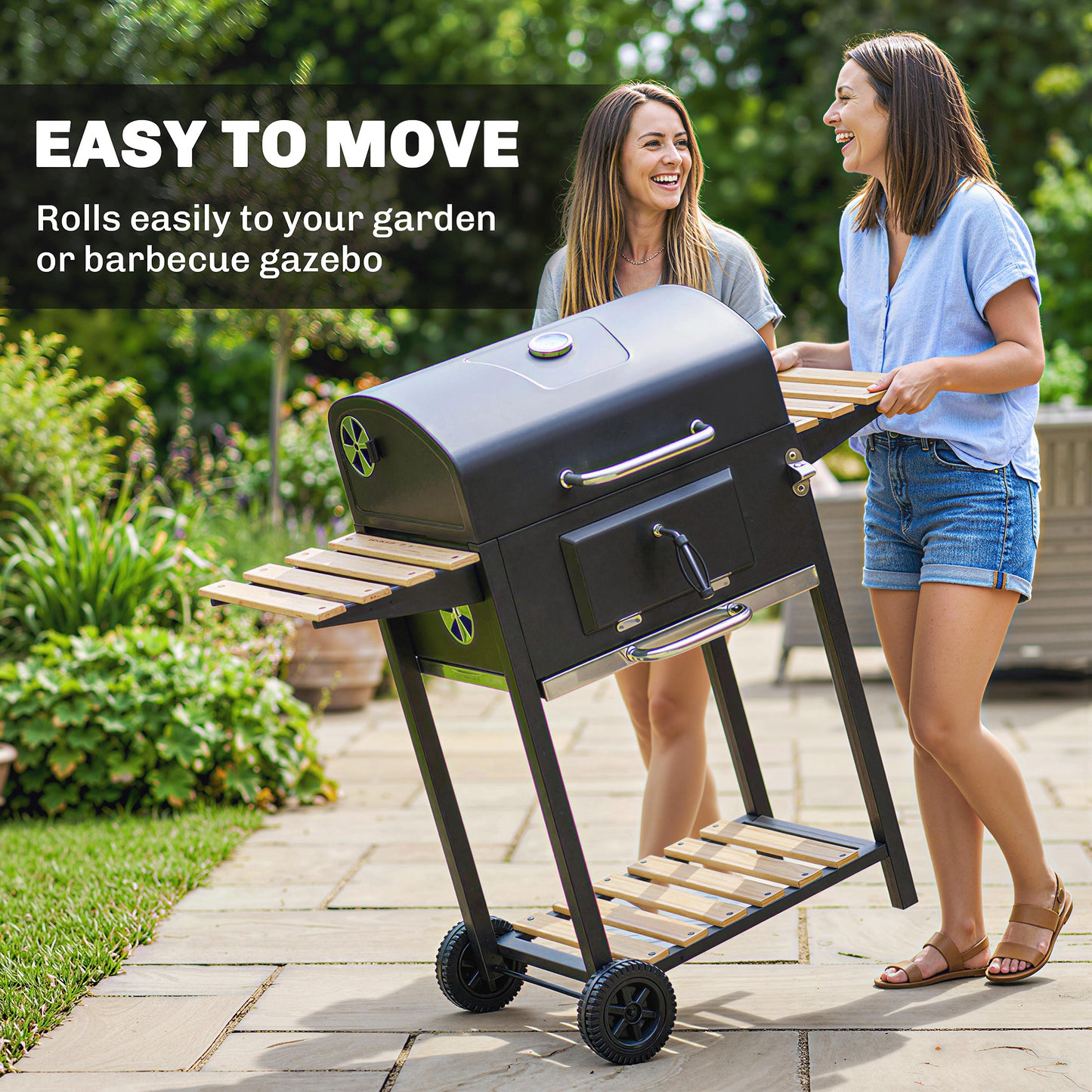 Outsunny Charcoal BBQ Grill With Height Adjustable Charcoal Pan And Warming Rack 3 Shelves Temp Gauge And Wheels