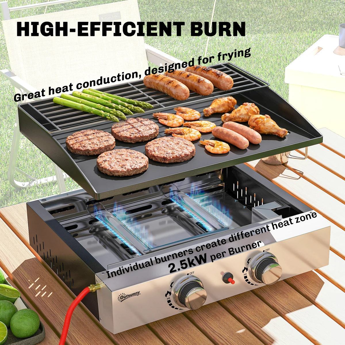 Two-burner gas griddle with dual heat zone grilling plate and open lid, food cooking inside
