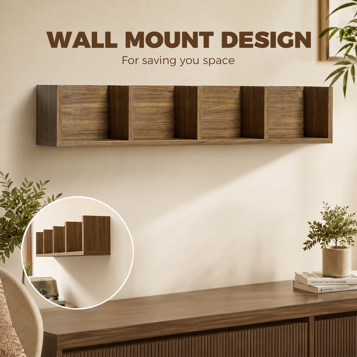 Walnut wall-mount storage rack with multiple open cubby shelves for media or decor