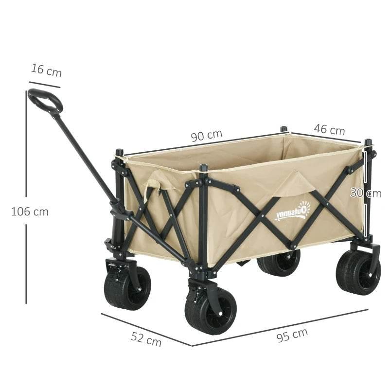 Khaki folding wagon cart with black frame, showing overall size layout