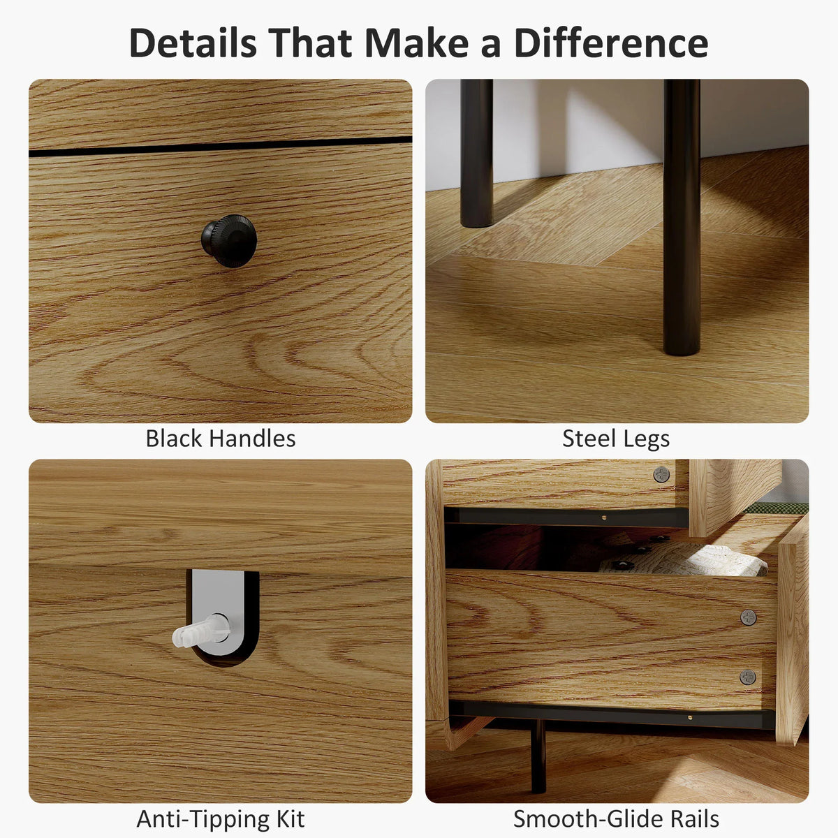 Oak 4-drawer chest detail: black knobs, steel legs, anti-tipping kit, smooth rails.