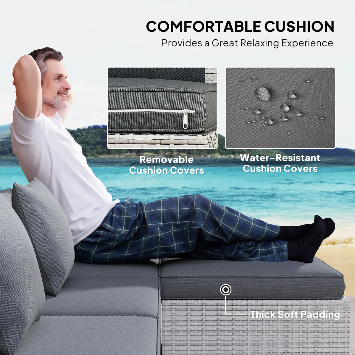 Grey outdoor sofa cushion with thick padding, removable cover, and water-resistant fabric