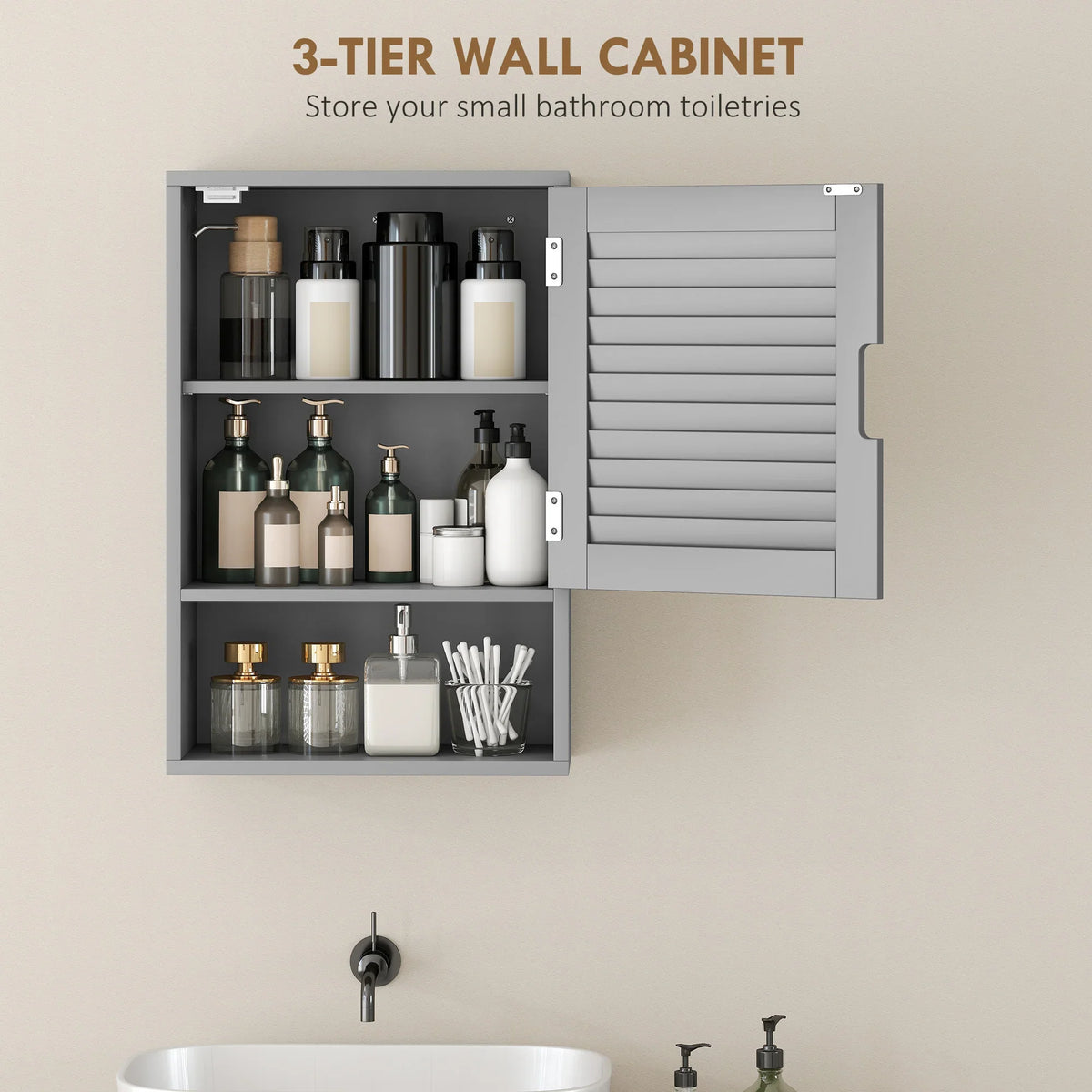 Grey 3-tier wall cabinet with open storage shelves and louvered door panel