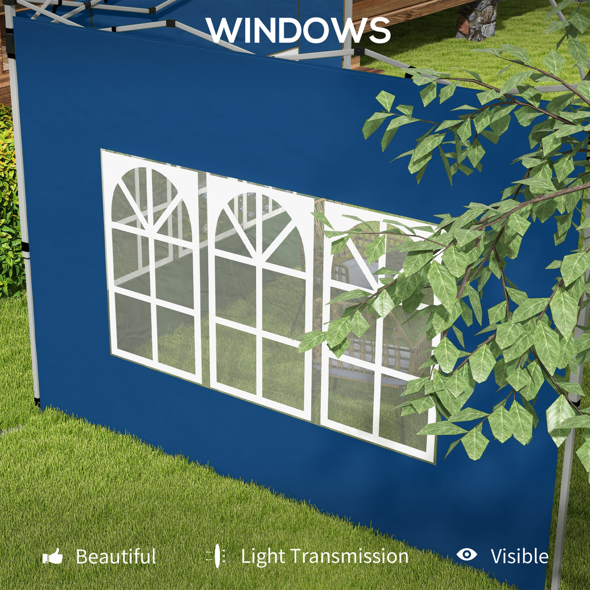 Blue gazebo side panel with white arched window grid and light-transmitting panels