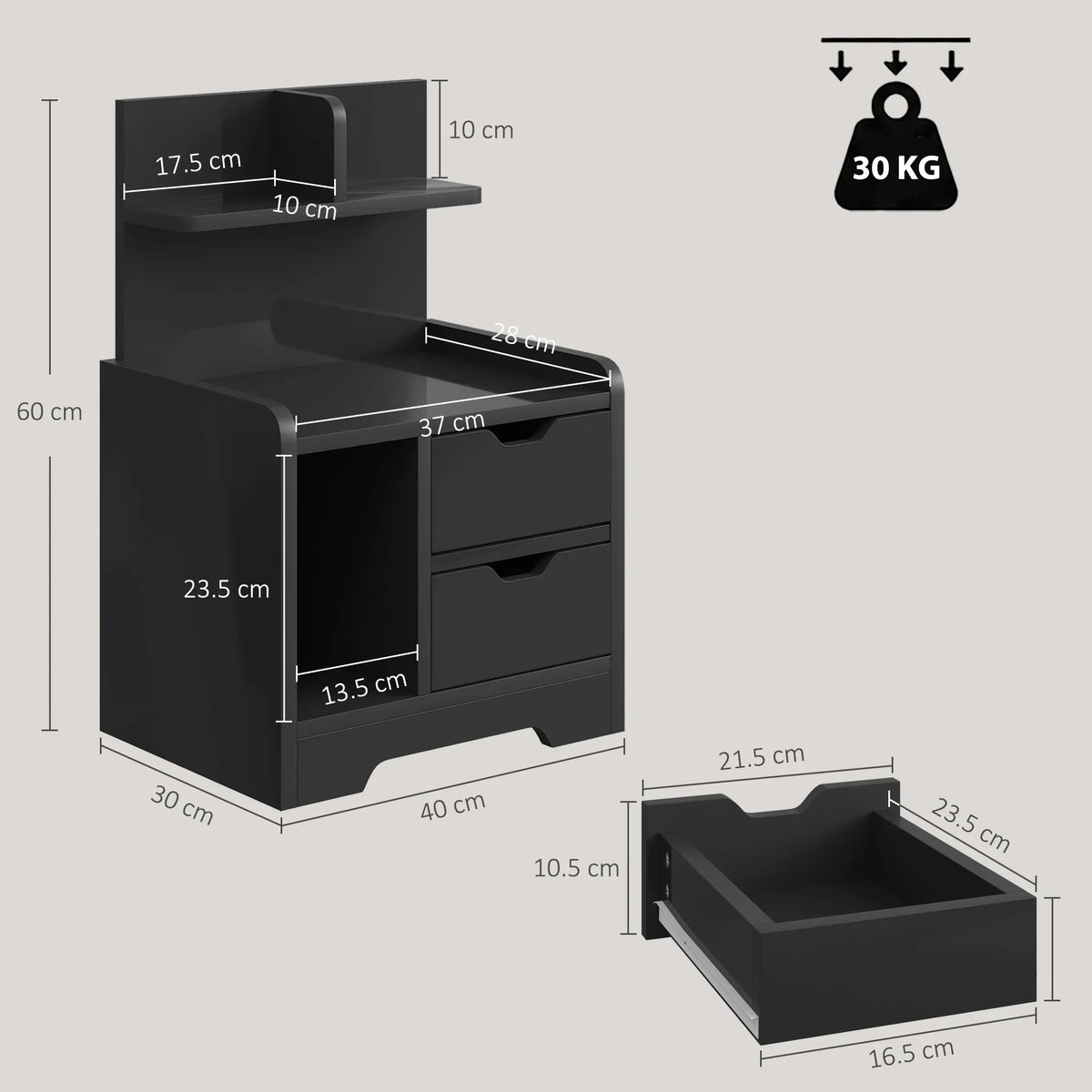 Black bedside table side view with open shelves and 2 front drawers.
