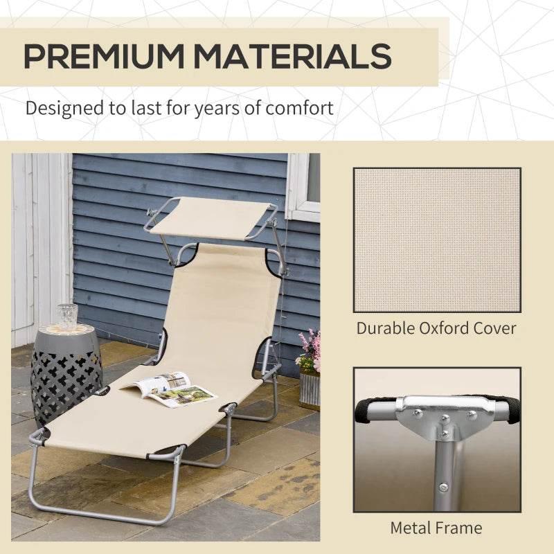Outsunny Outdoor Foldable Sun Lounger | 4-Level Adjustable Backrest Reclining Sun Lounger Chair with Angle Adjust Sun Shade Awning | for Beach, Garden, Patio | Beige - ALL4U RETAILER LTD