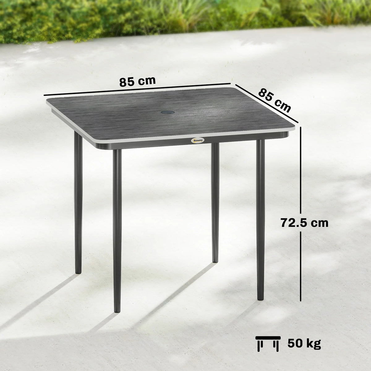 Square outdoor dining table with 85 cm top, center umbrella hole, metal legs