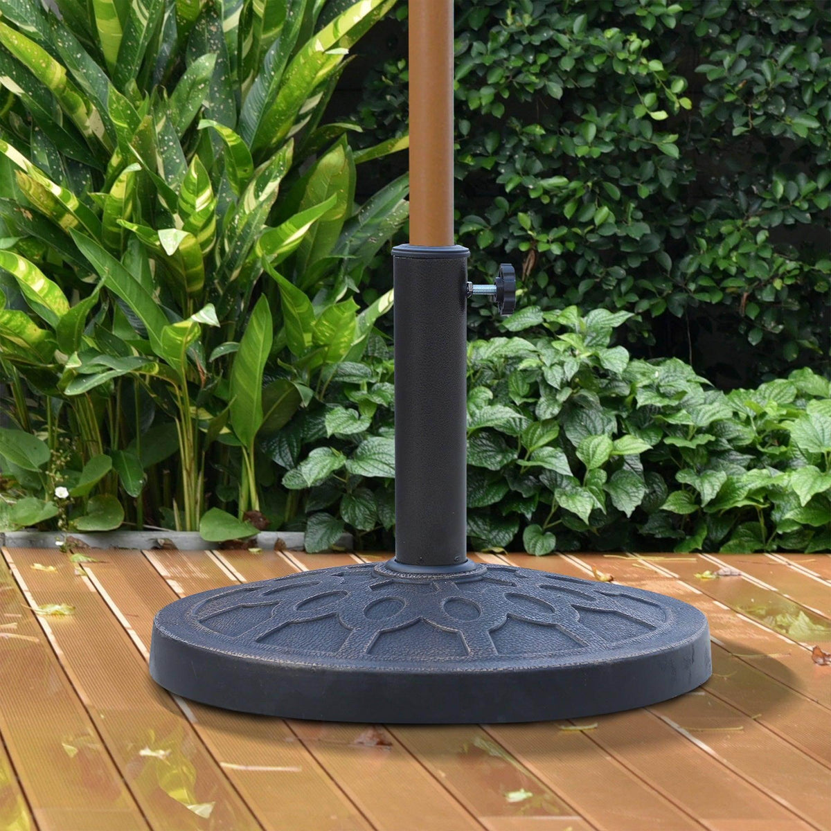 Resin umbrella stand holder with round dark base and upright pole opening