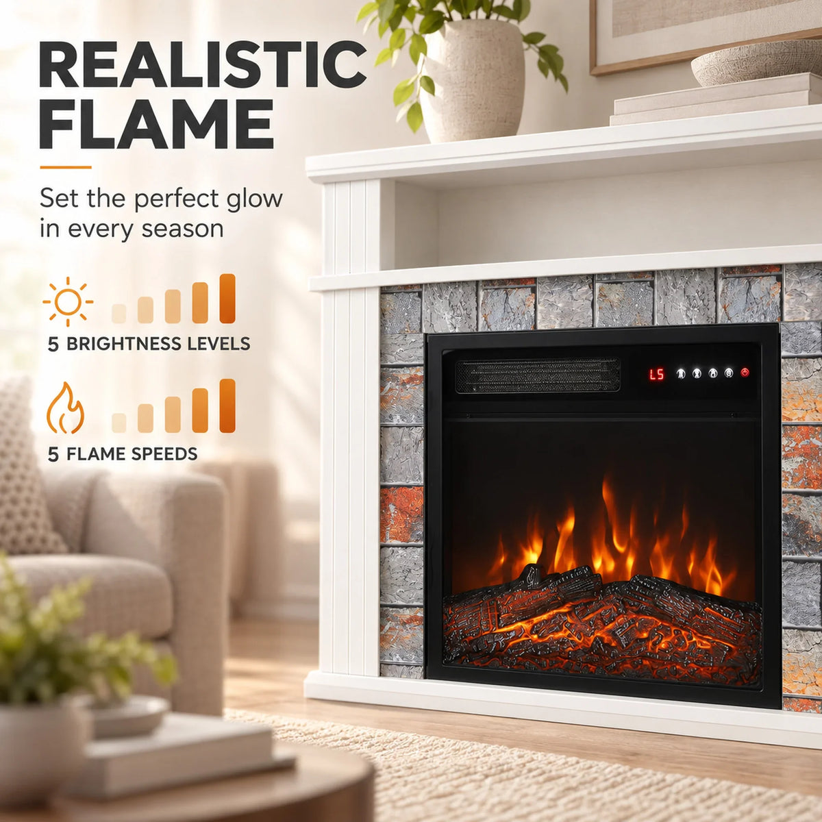 White electric fireplace TV stand with LED flame effect and stone surround.