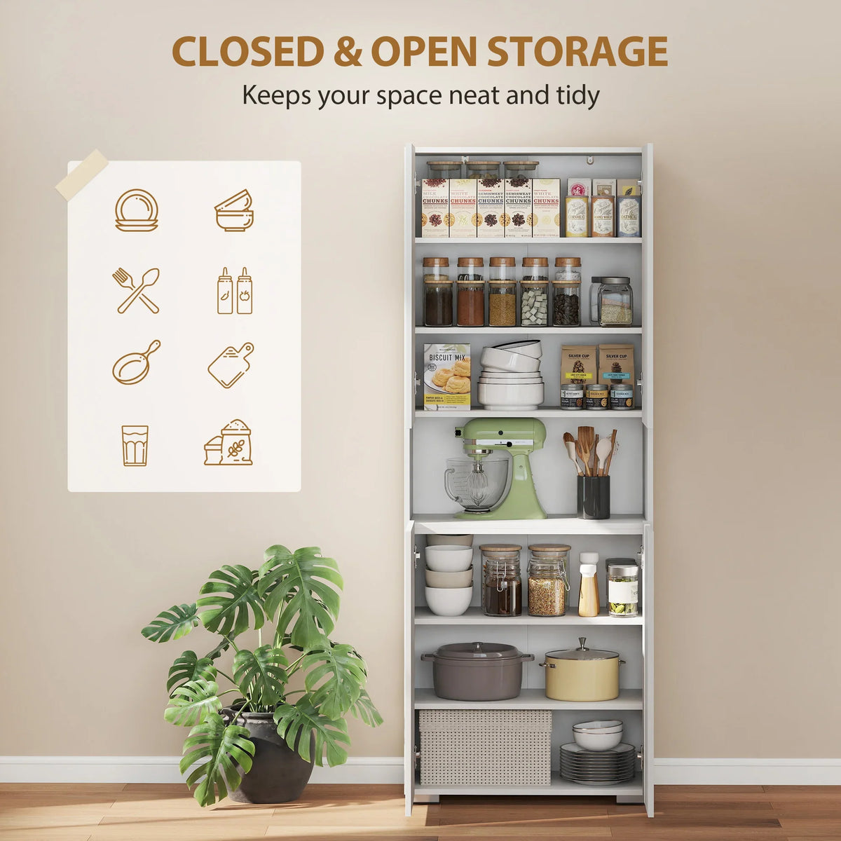 Tall white pantry cabinet with doors open, interior shelves packed with food jars and cookware