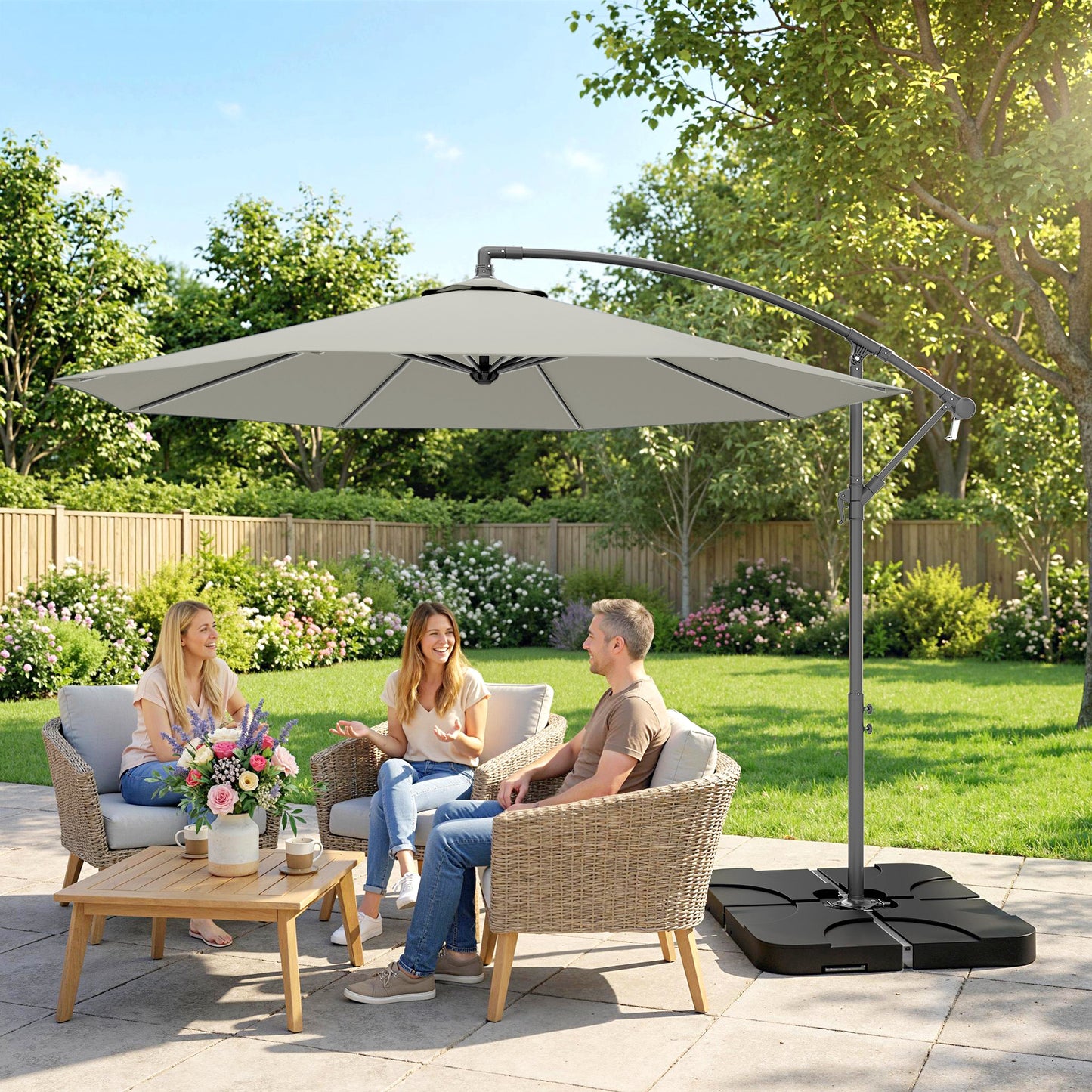 Outsunny 3m Overhanging Cantilever Parasol With Base Weights And Cover In Light Grey