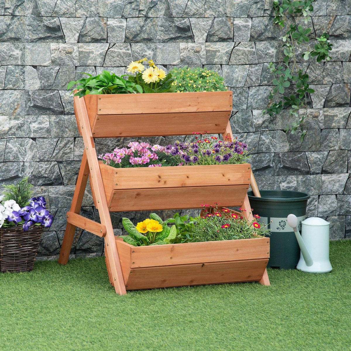 3-tier raised wooden garden planter box with fold-out legs, ready for planting flowers and herbs