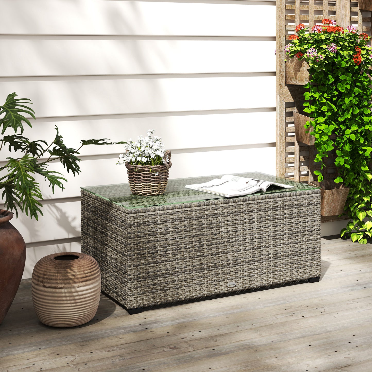 Outsunny 90 x 50cm Glass Top Rattan Side Table Dark Grey Outdoor Garden Furniture With 5mm Tempered Glass
