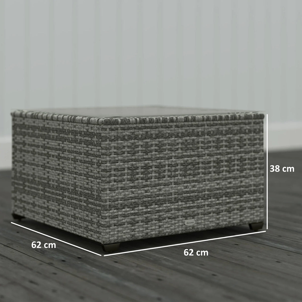 Light grey square rattan side table with tempered glass top, compact boxy shape