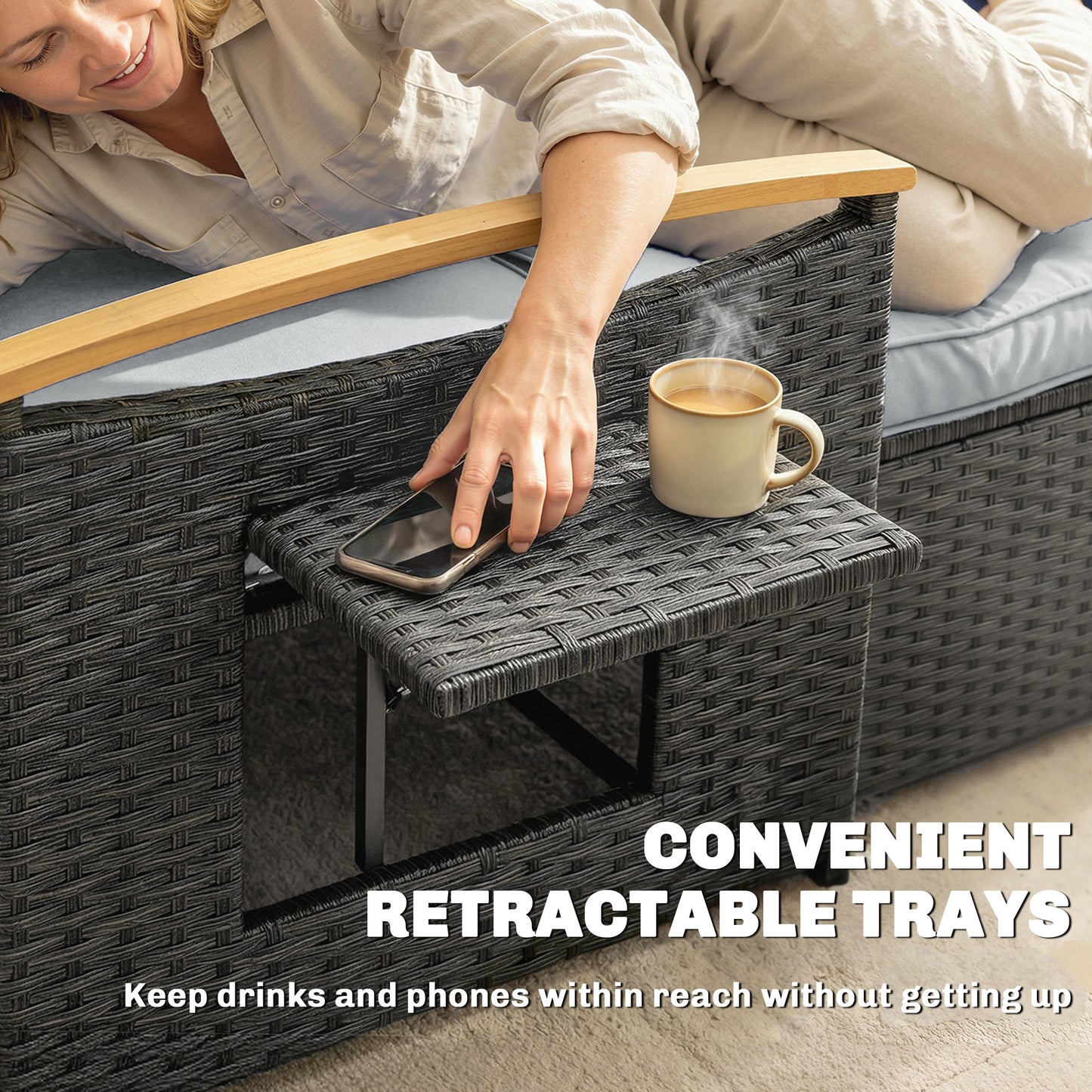 Outsunny Double Outdoor Rattan Daybed Chaise Lounger With Storage Ottoman And 4-Level Adjustable Backrest Dark Grey