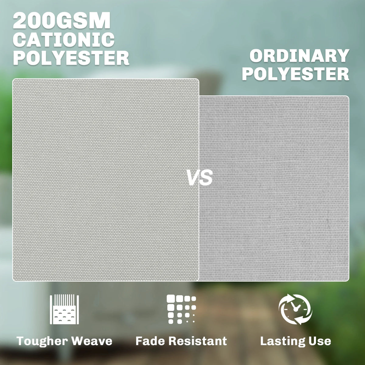 Light grey outdoor chair cushion fabric swatch comparison, caton vs ordinary polyester