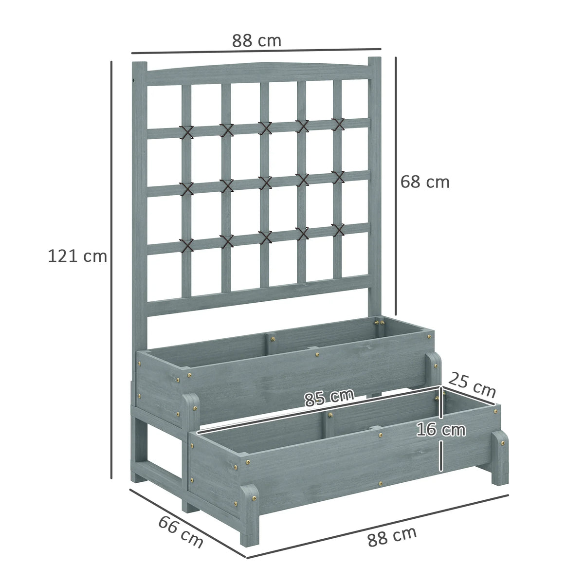 Grey two-tier raised garden bed with trellis frame and front planter dimensions diagram