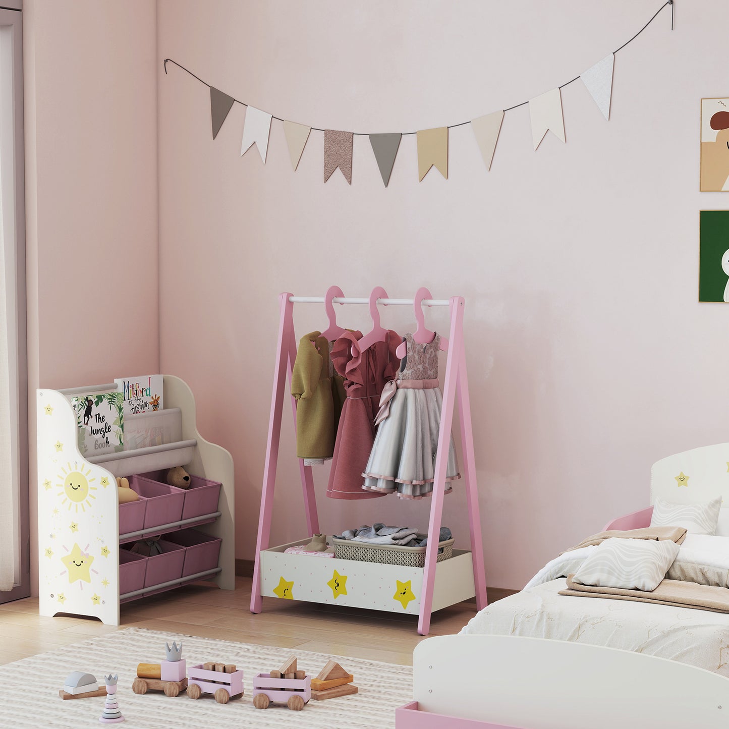 AIYAPLAY Baby Clothing Rack With Hangers And Storage Shelf For Bedroom Star Theme Pink Ages 3 To 6