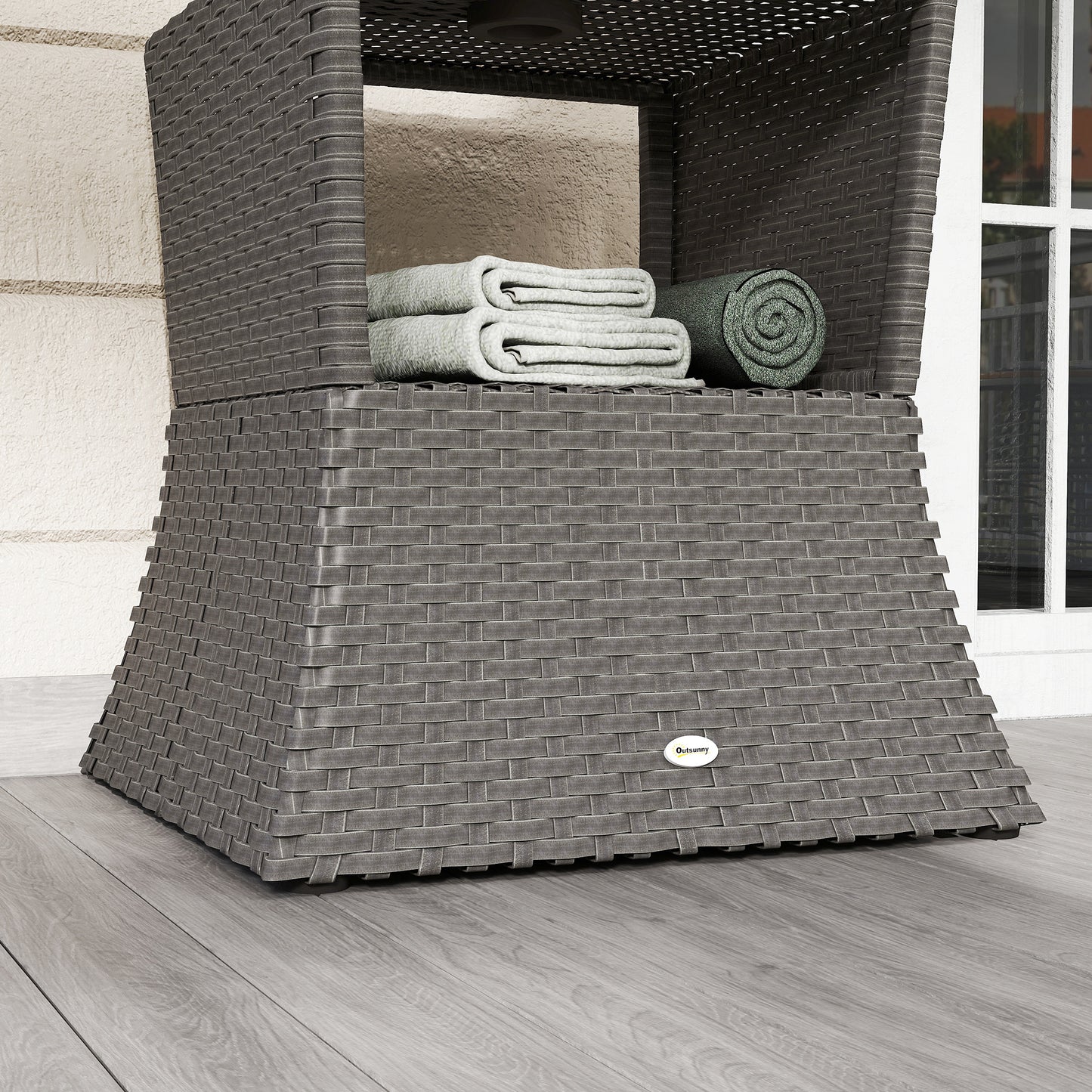 Outsunny Rattan Outdoor Coffee Table Wicker Patio Bistro Side Table With Umbrella Hole And Storage Space Dark Grey