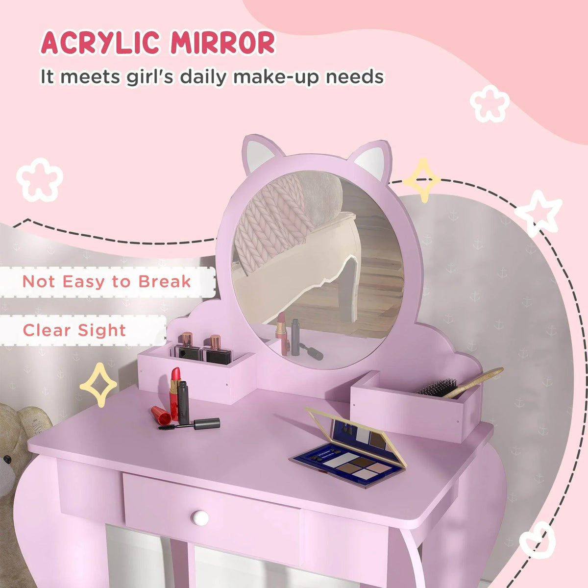Pink cat-shaped acrylic mirror vanity with clear reflective glass