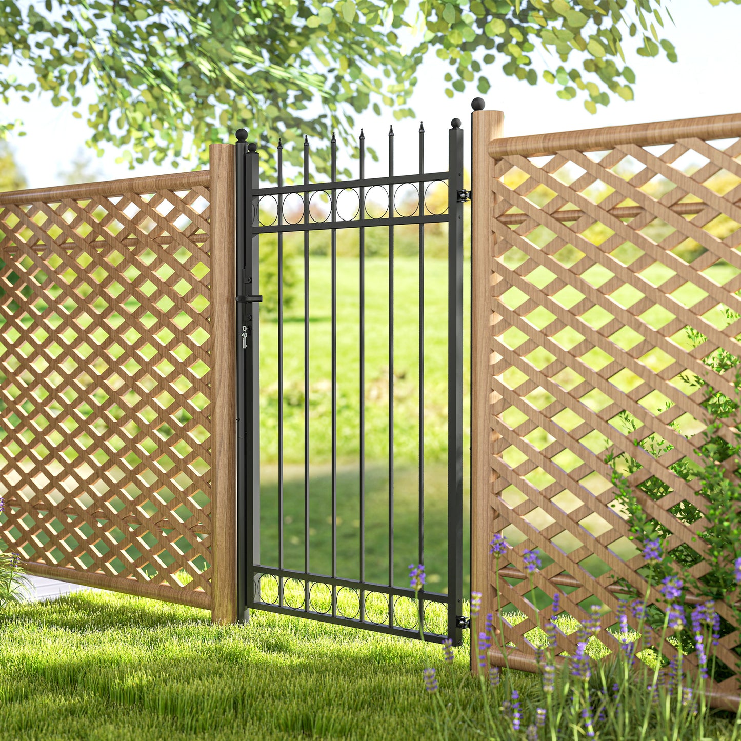 Outsunny Galvanised Steel Garden Gate 105 x 204 cm Black With Lock Keys And Handle