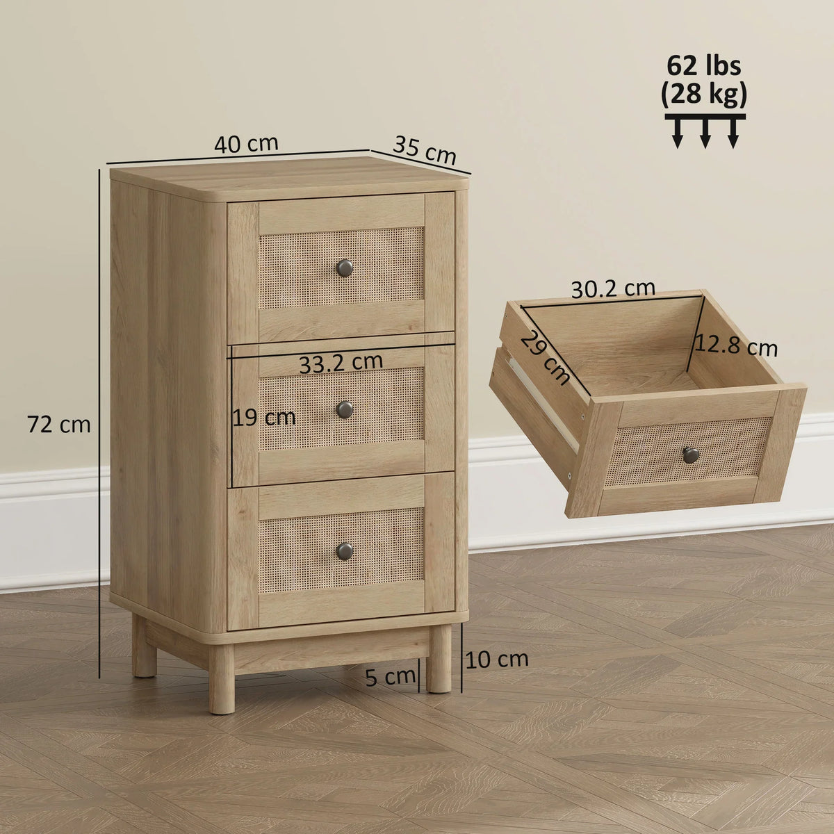 Light oak 3-drawer storage chest with round knobs and tapered wooden legs