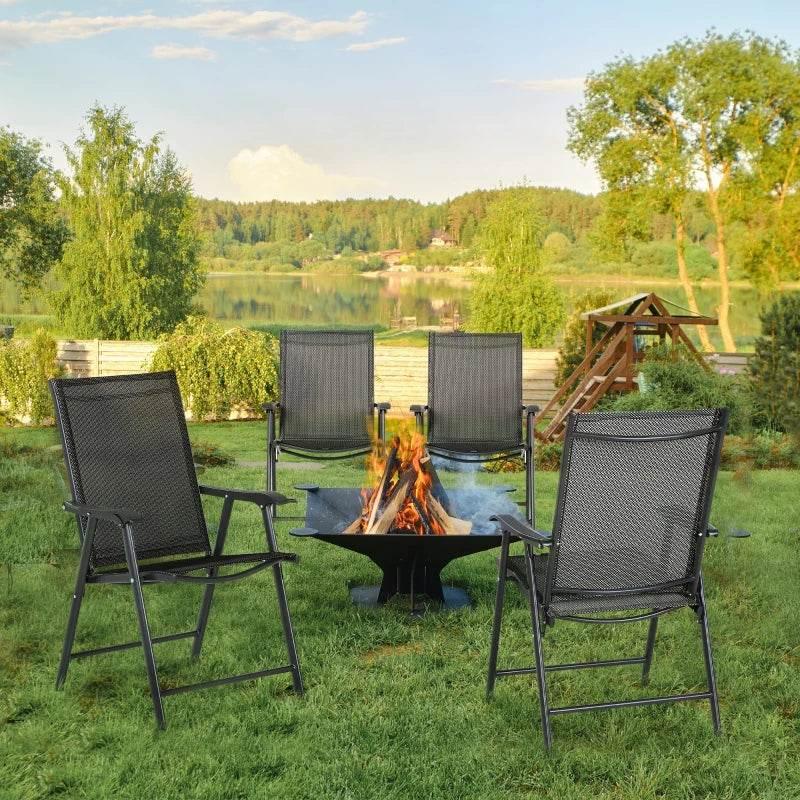 Black folding garden armchairs with mesh back and seat, armrests, four-piece set