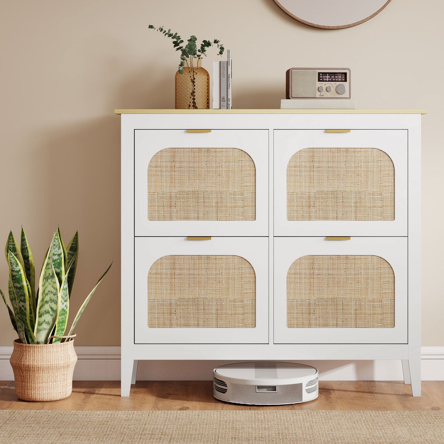 HOMCOM Narrow Boho Rattan Shoe Cabinet With 4 Flip Drawers Holds 20 Pairs White Entryway Storage